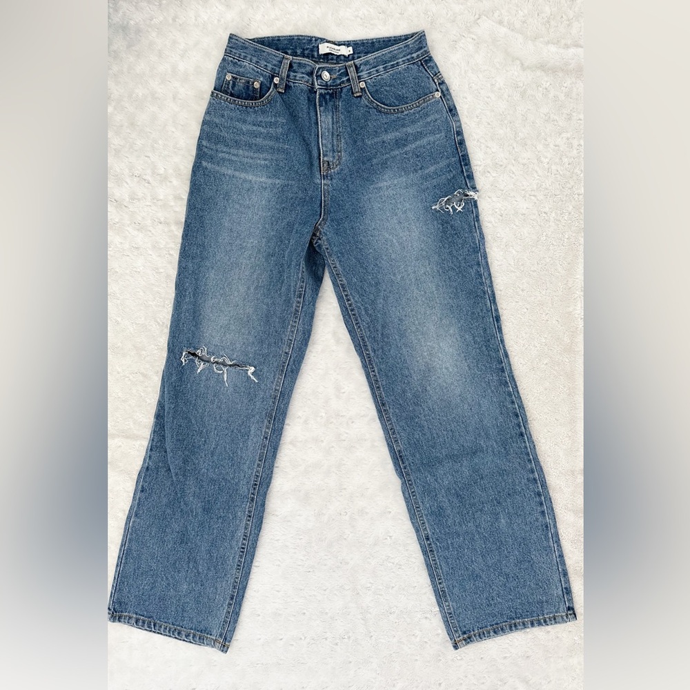PLEASURE Seoul Korean High Rise Wide Leg Distressed Jean